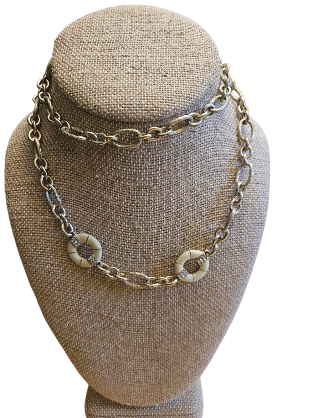 Brighton Silver Tone Chain Necklace Enamel Circle Rhinestone Stations 26 Inch